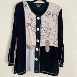 VTG A Spence Collections Black Cream Mixed Print Linen Button Top Artsy USA M